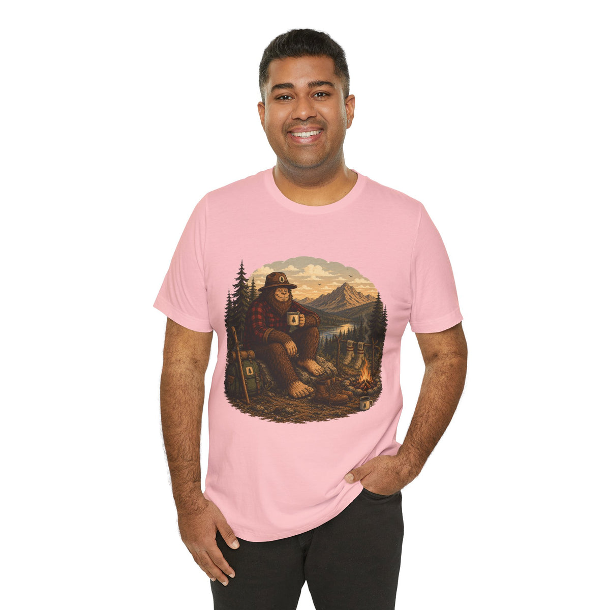 Morning Coffee Bigfoot Campfire T-Shirt | Vintage Outdoor Nature Tee