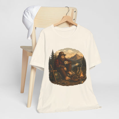 Morning Coffee Bigfoot Campfire T-Shirt | Vintage Outdoor Nature Tee