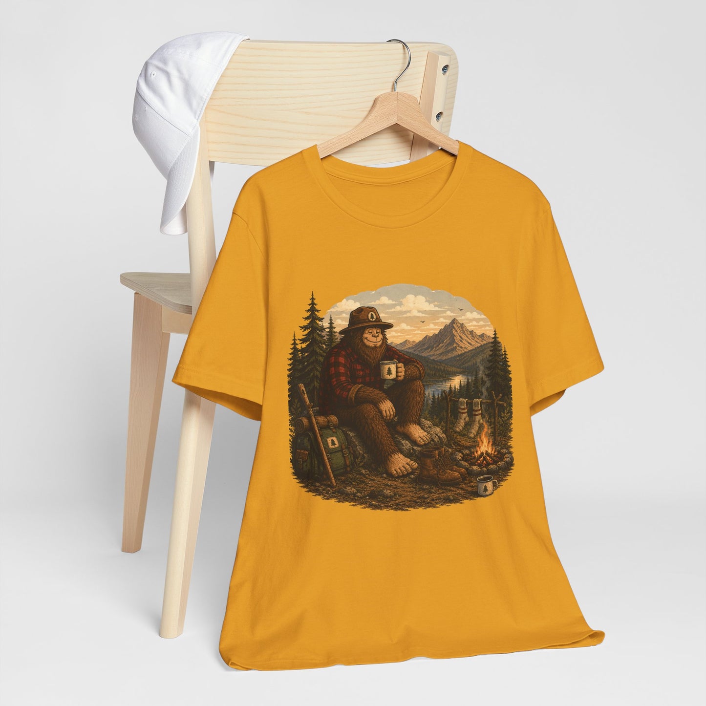 Morning Coffee Bigfoot Campfire T-Shirt | Vintage Outdoor Nature Tee