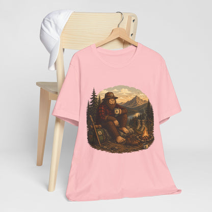 Morning Coffee Bigfoot Campfire T-Shirt | Vintage Outdoor Nature Tee