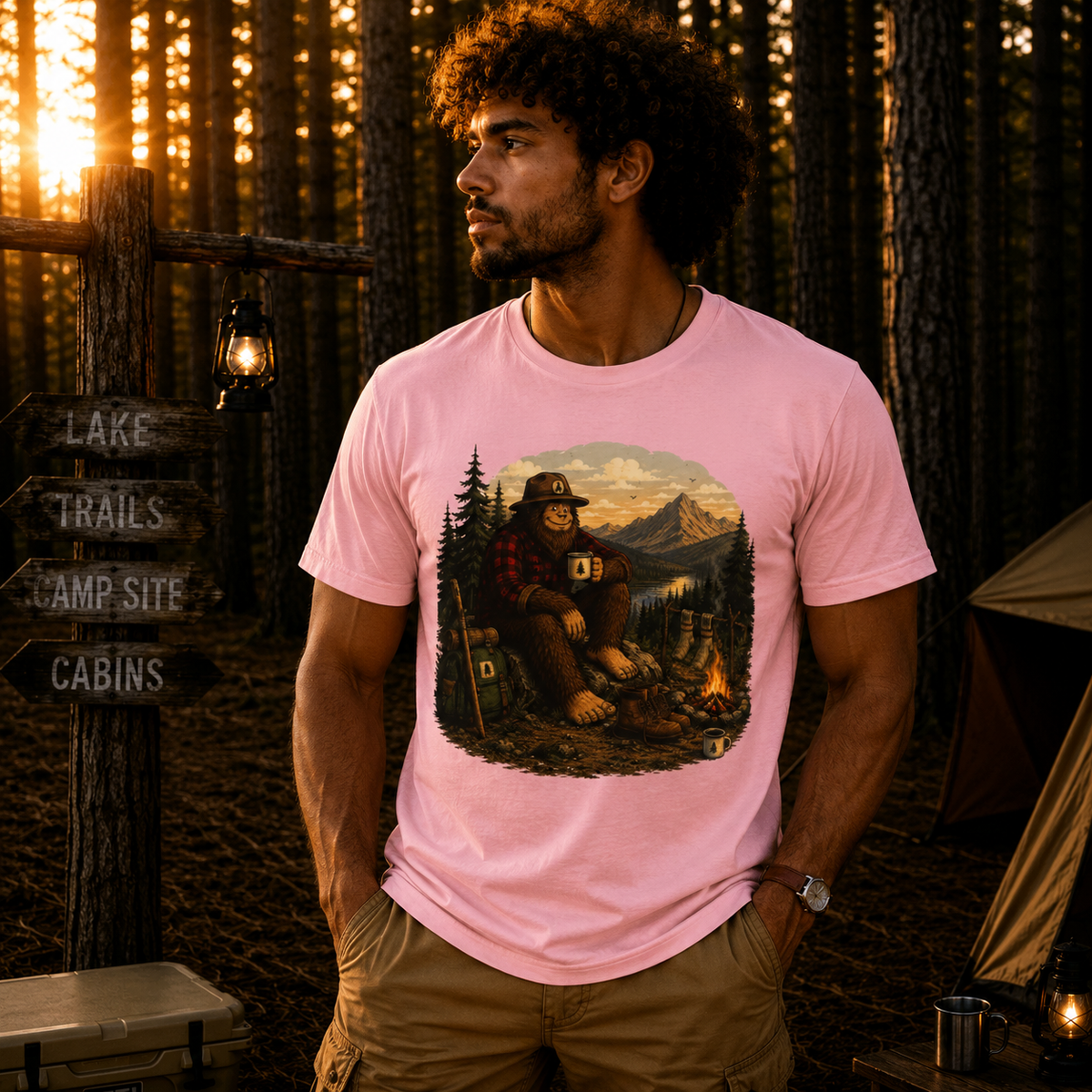 Morning Coffee Bigfoot Campfire T-Shirt