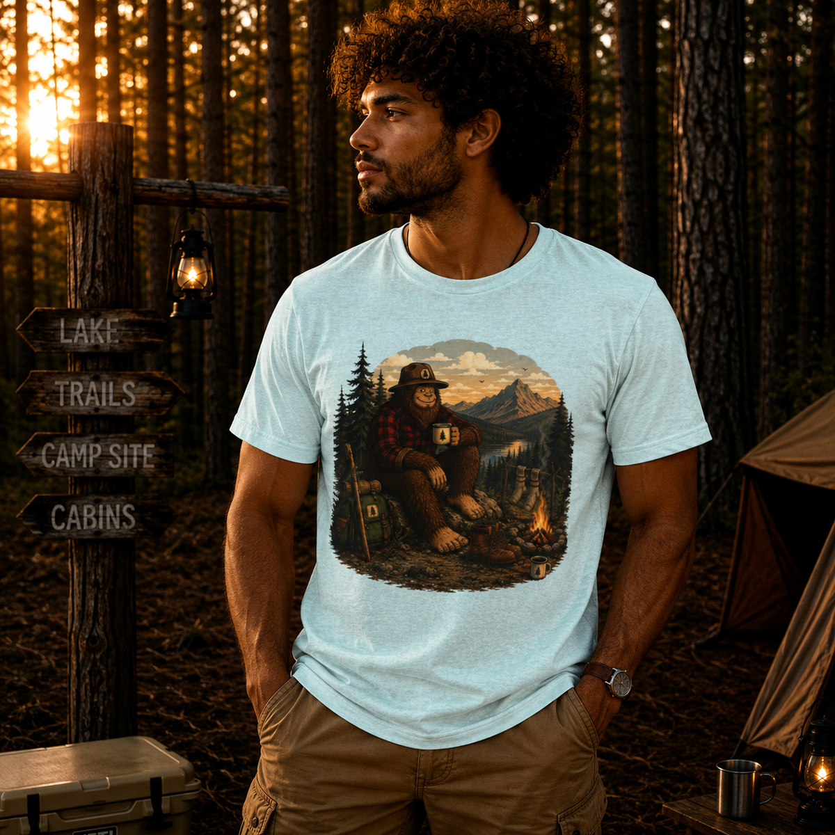 Morning Coffee Bigfoot Campfire T-Shirt