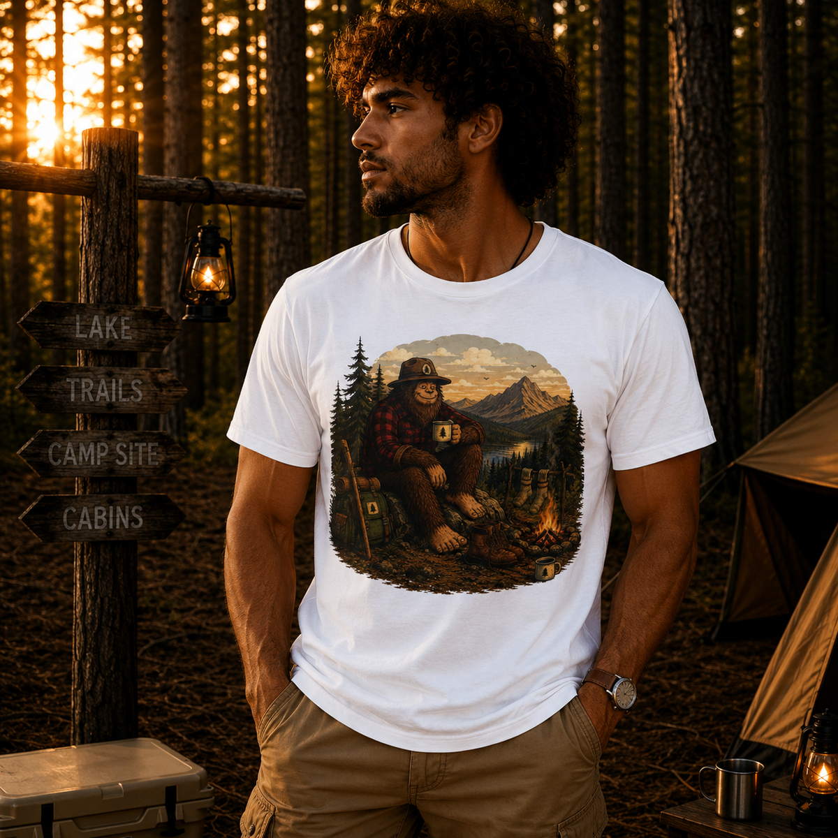 Morning Coffee Bigfoot Campfire T-Shirt
