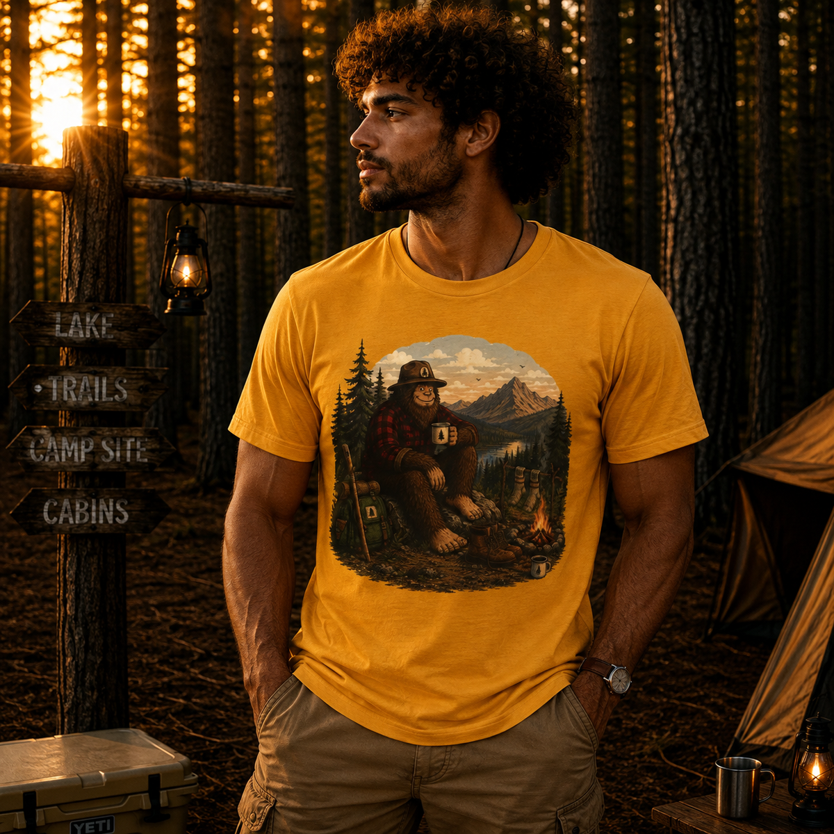 Morning Coffee Bigfoot Campfire T-Shirt