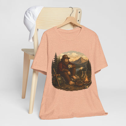 Morning Coffee Bigfoot Campfire T-Shirt | Vintage Outdoor Nature Tee