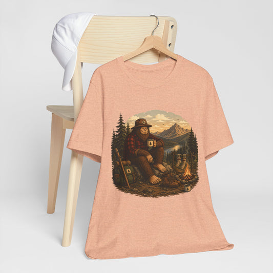 Morning Coffee Bigfoot Campfire T-Shirt | Vintage Outdoor Nature Tee