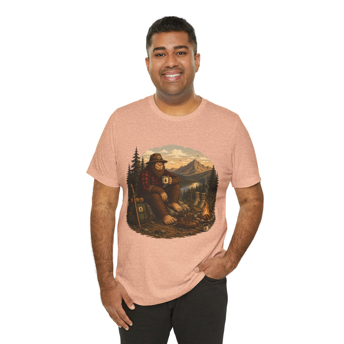 Morning Coffee Bigfoot Campfire T-Shirt | Vintage Outdoor Nature Tee