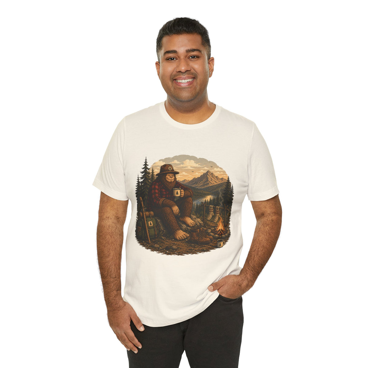 Morning Coffee Bigfoot Campfire T-Shirt | Vintage Outdoor Nature Tee