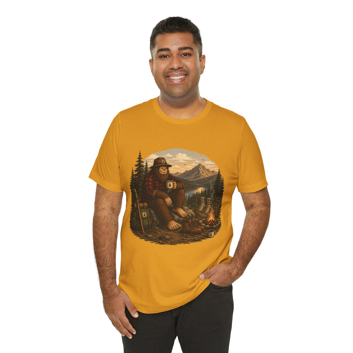 Morning Coffee Bigfoot Campfire T-Shirt | Vintage Outdoor Nature Tee