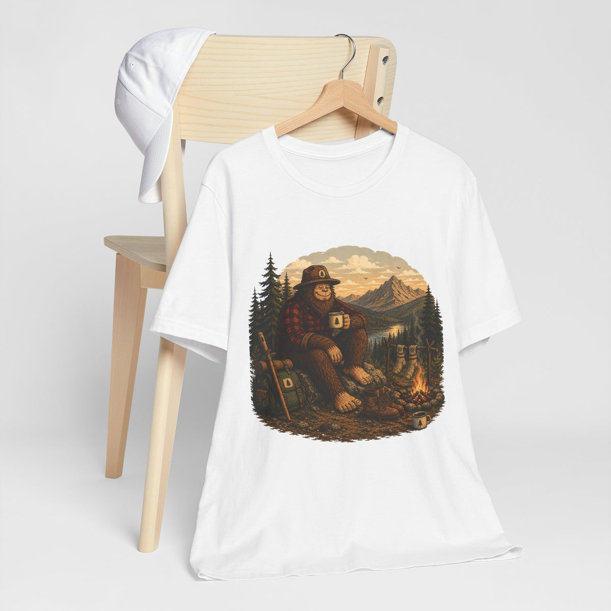 Morning Coffee Bigfoot Campfire T-Shirt | Vintage Outdoor Nature Tee