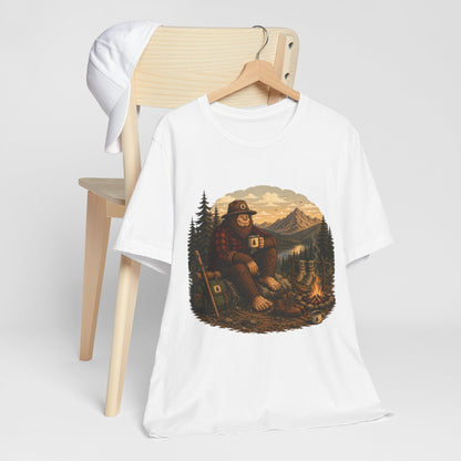 Morning Coffee Bigfoot Campfire T-Shirt | Vintage Outdoor Nature Tee