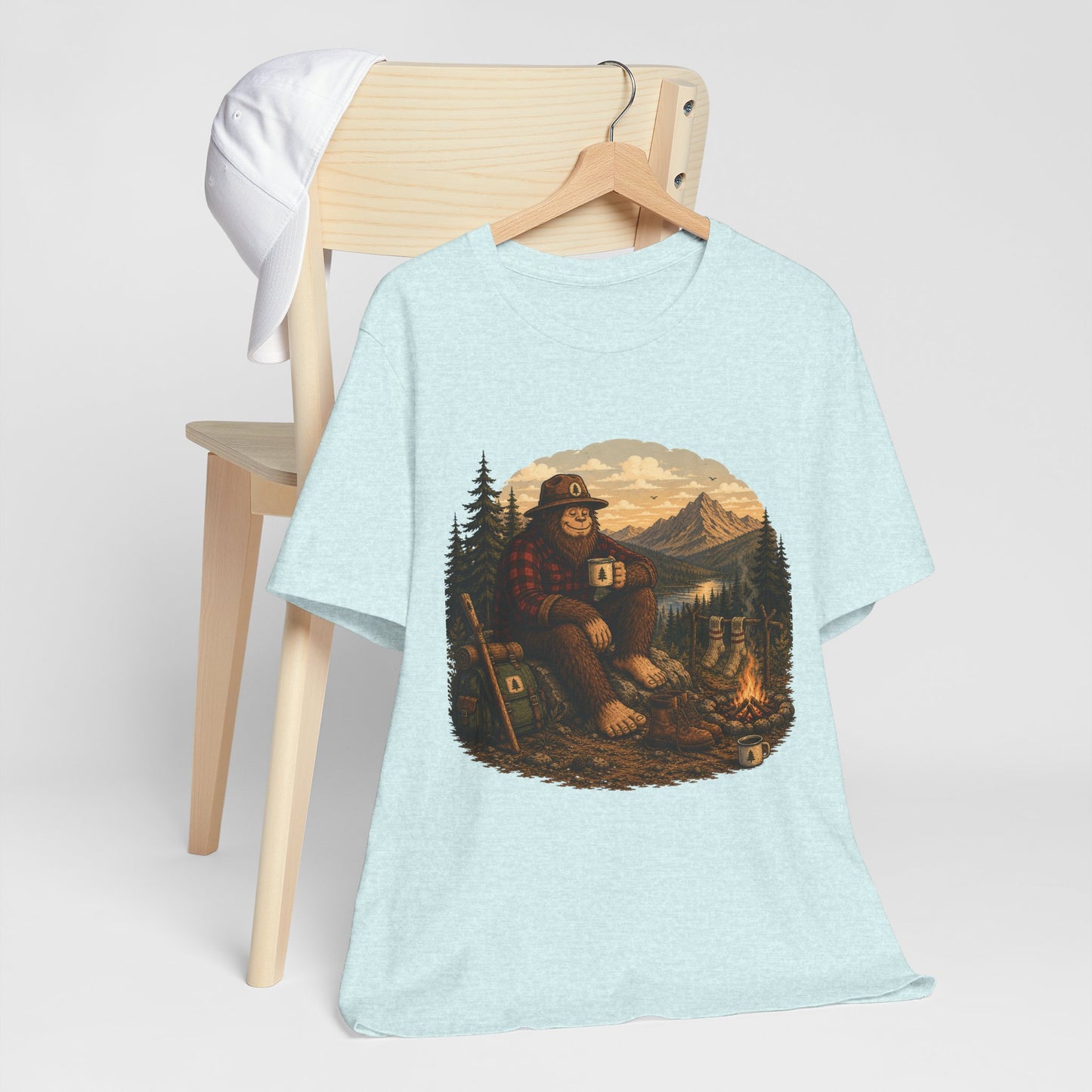 Morning Coffee Bigfoot Campfire T-Shirt | Vintage Outdoor Nature Tee