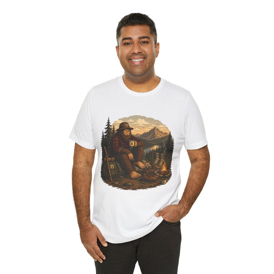 Morning Coffee Bigfoot Campfire T-Shirt | Vintage Outdoor Nature Tee